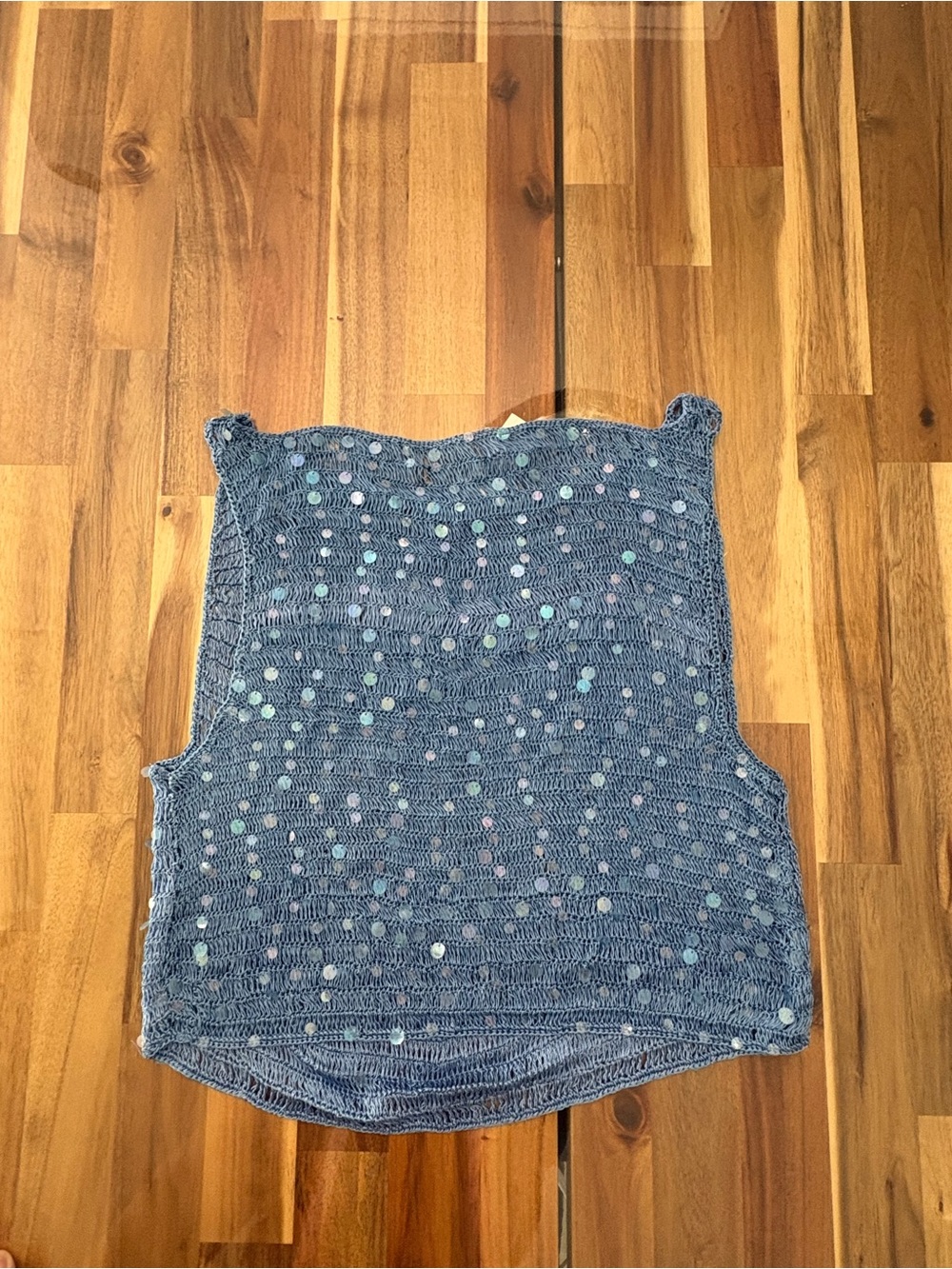 NWT Naked Wardrobe Sz XL Blue Sequin Crocheted Boat Neck See Through Crop Top - Picture 10 of 10